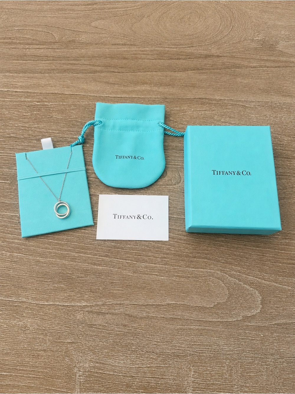 Tiffany & Co. Silver Interlocking Circle Necklace with Tiffany Blue Pouch & Box